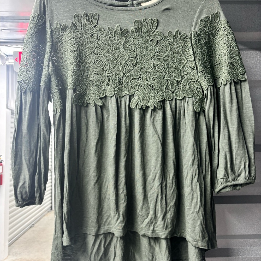 Olive Green Lace Yoke Peasant Tunic